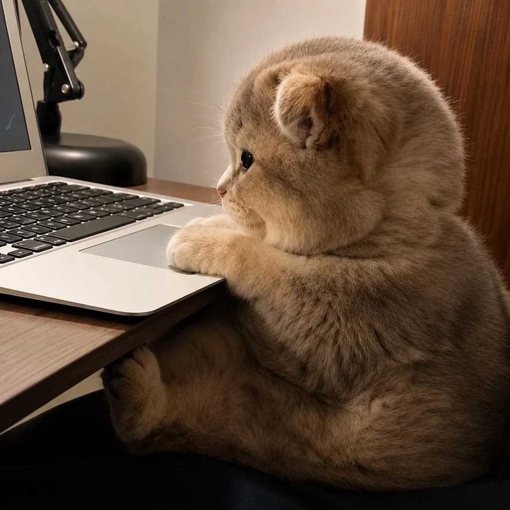fluffy cat sitting at a laptop indoors